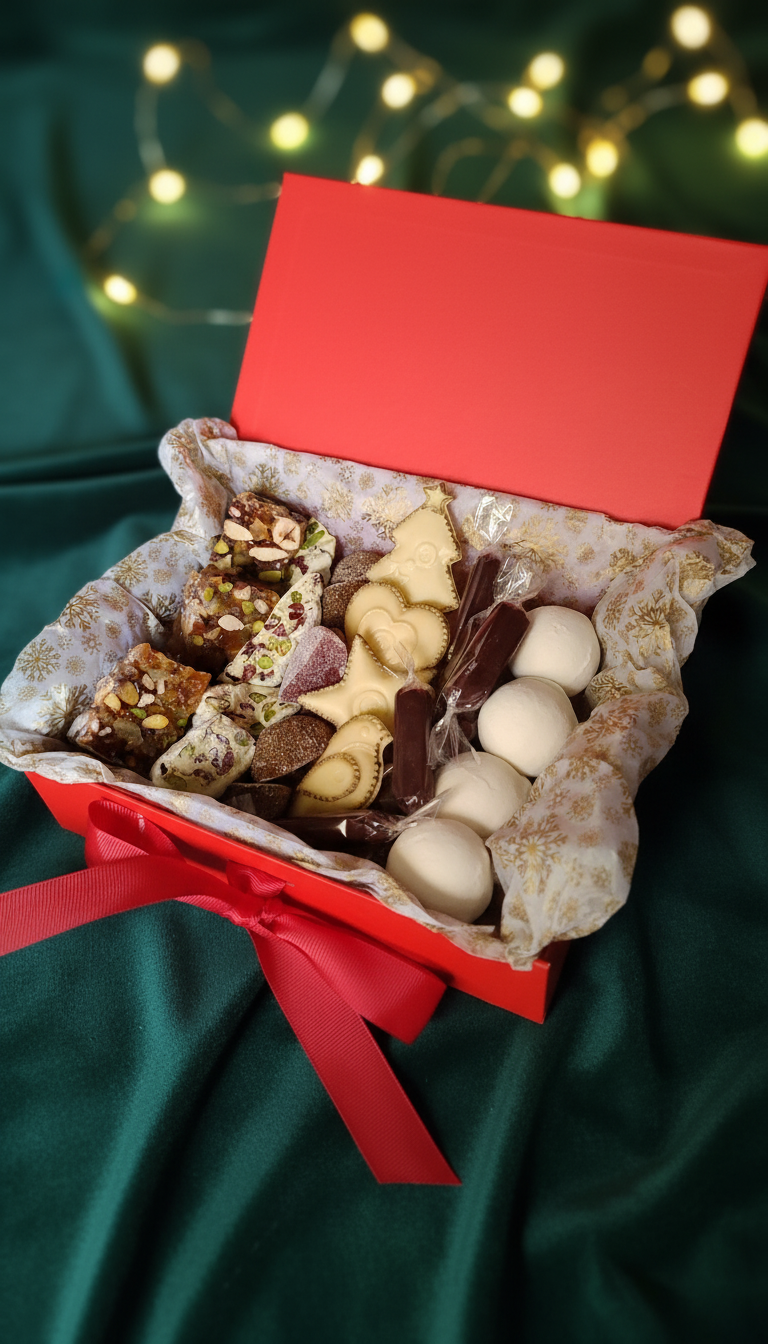 Новогодняя коробка со сладостями: панфорте, нуга, мармелад, шоколадные фигурки, снежки из маршмеллоу с начинкой, ириски