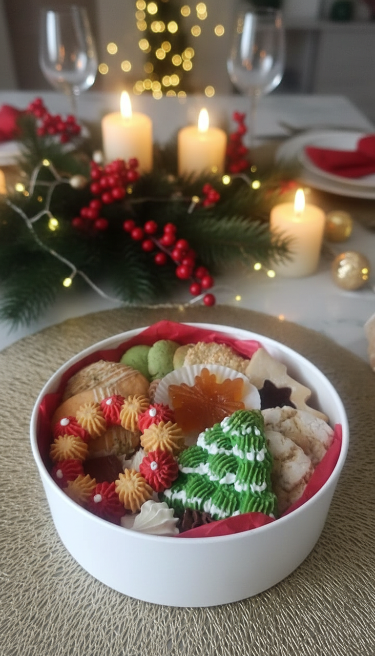 Новогоднее ассорти печенья, безе, мармелада и др. сладостей в шляпной коробке