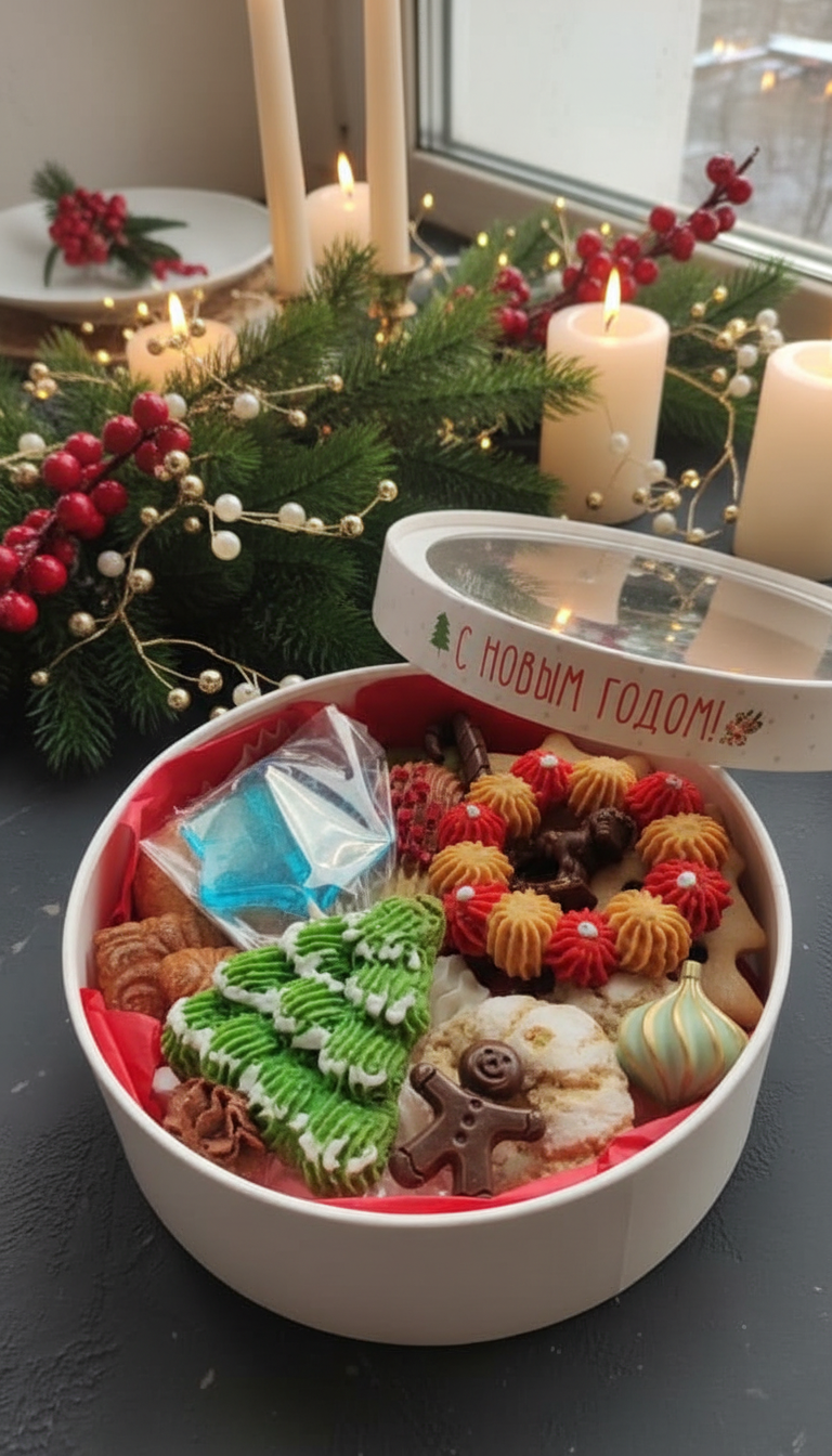 Новогоднее ассорти печенья, безе, мармелада и др. сладостей в шляпной коробке