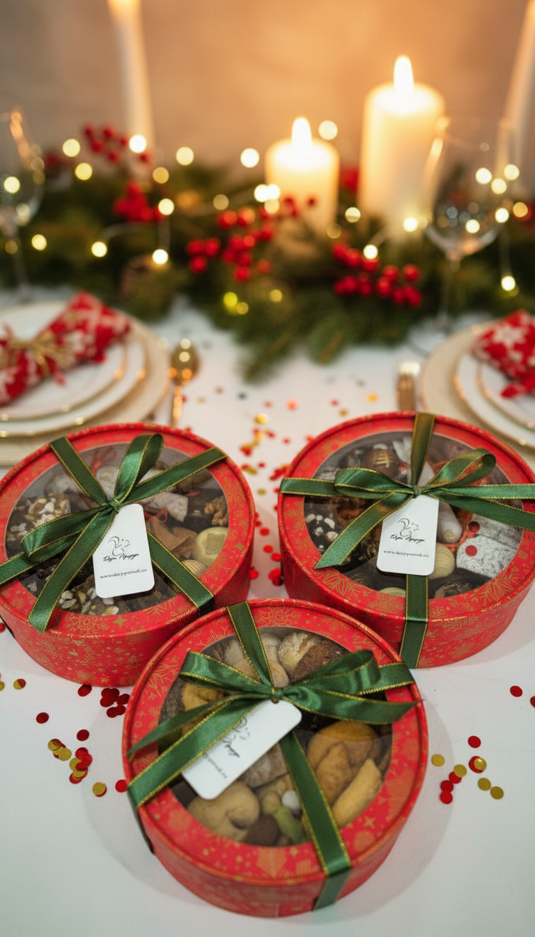 Новогоднее ассорти сладостей в большой шляпной коробке: панфорте, ириски, елочка из щербета, шоколадные "елочные игрушки", мармелад, карамелизованные орехи и пряники с начинкой глинтвейн в шоколаде