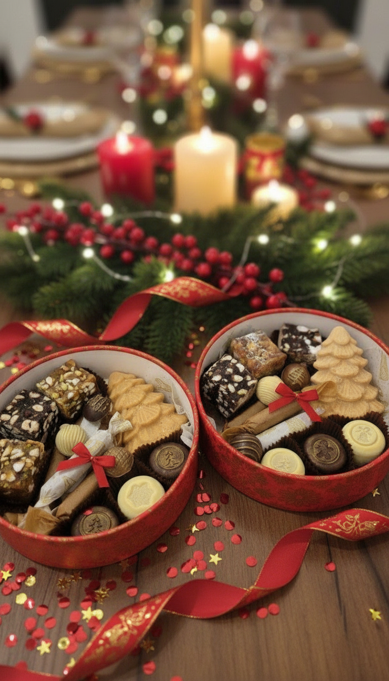 Новогоднее ассорти сладостей в большой шляпной коробке: панфорте, ириски, елочка из щербета, шоколадные "елочные игрушки", мармелад, карамелизованные орехи и пряники с начинкой глинтвейн в шоколаде