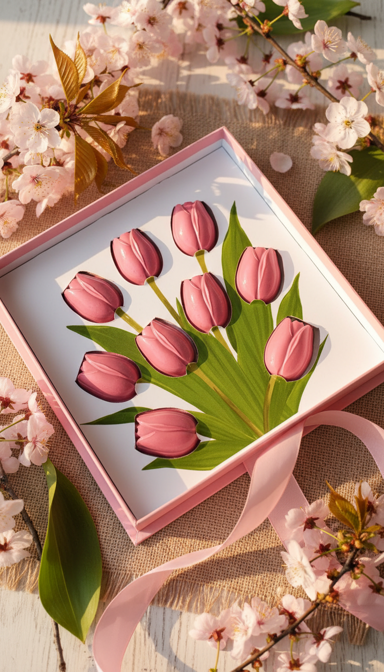 Конфеты с начинкой в форме тюльпанов ассорти в одной коробке к 8 марта