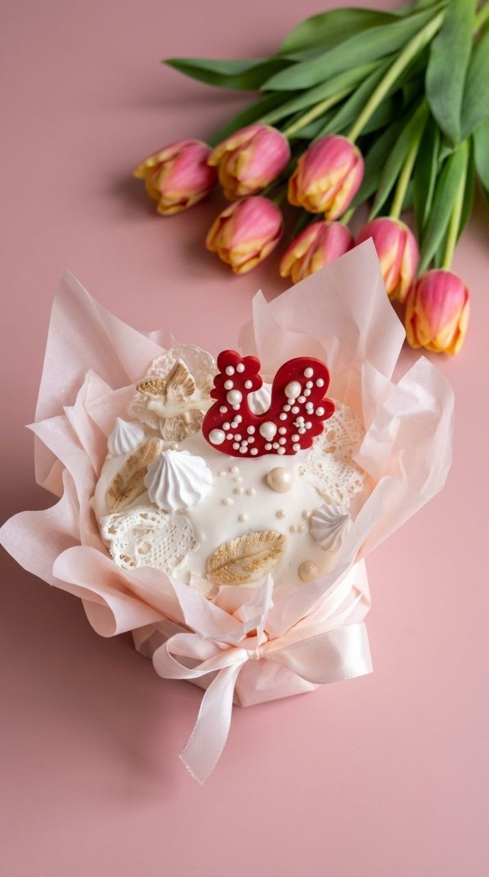 Царский кулич пасхальный дрожжевой на сливках с ягодной начинкой и ванильно-шоколадным кремом