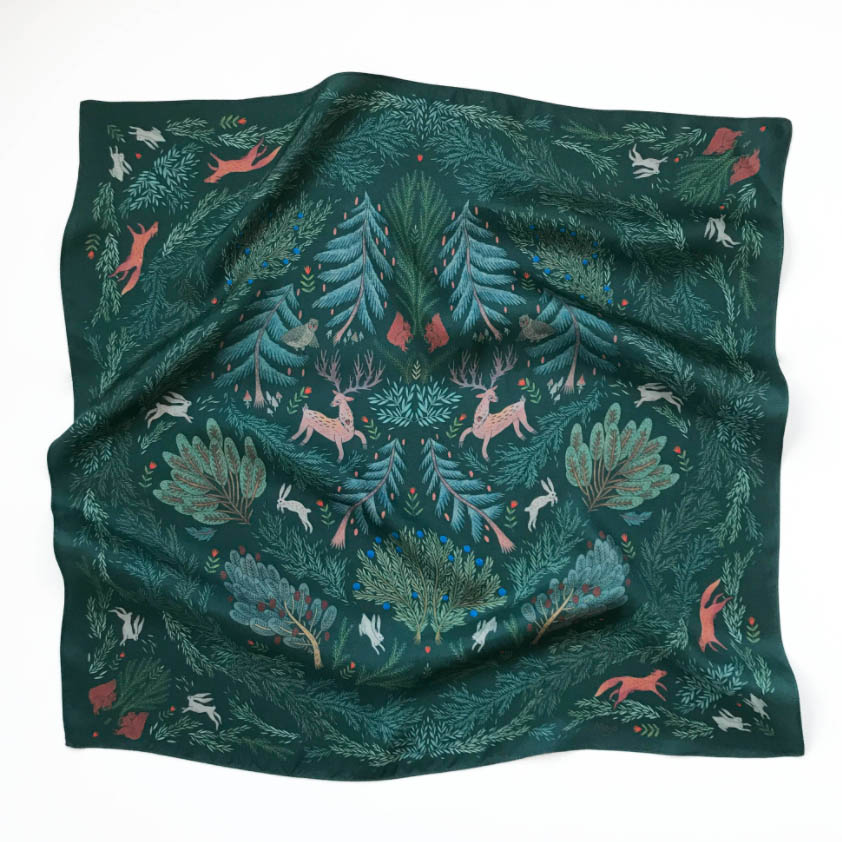 Шелковый платок "Сосново" зеленый 65х65 см