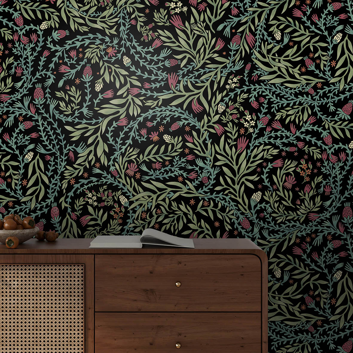 Обои Эмтор (черный фон с зелеными веточками)