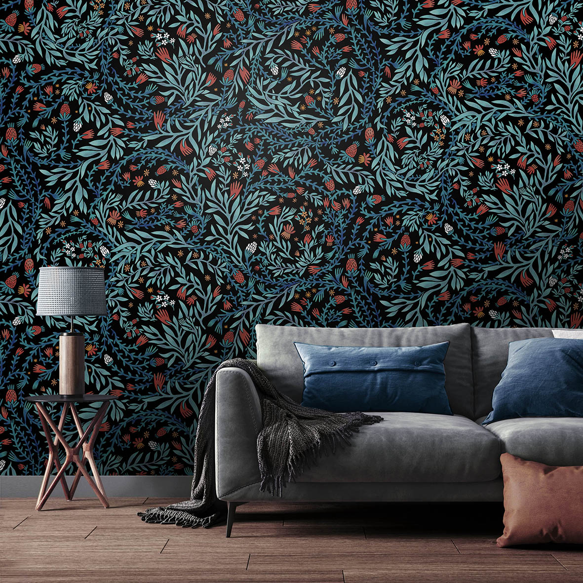 Обои Эмтор (черный фон с синими веточками)