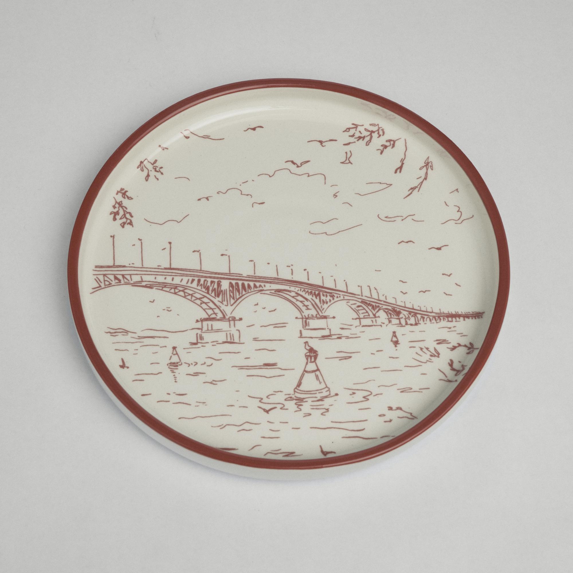 Тарелка 16/22см с рисунком Мост SALOEV. и Дмитрий Кошеленко. Цвет кирпичный.