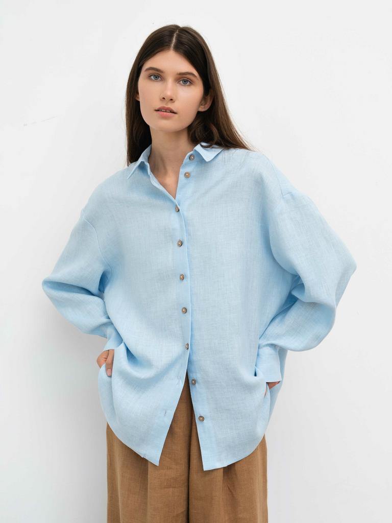 Рубашка льняная голубого цвета оверсайз из смягченного льна Pure Linen