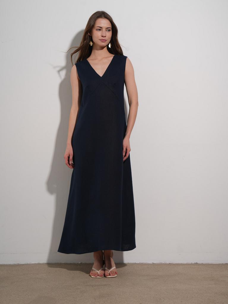 льняное платье миди свободного кроя с V-вырезом тёмно-синее