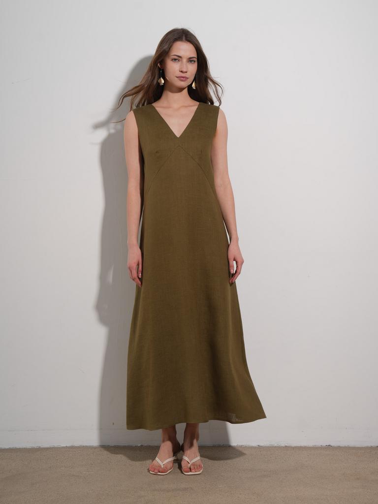 льняное платье миди свободного кроя с V-вырезом оливкового цвета
