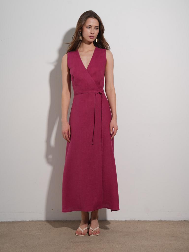 Платье миди изо льна с запахом и поясом в ягодном оттенке Pure Linen