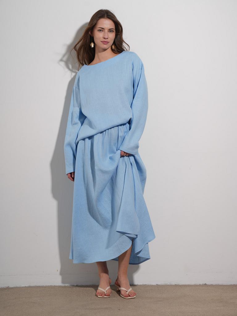 Льняной лонгслив свободного кроя небесного цвета