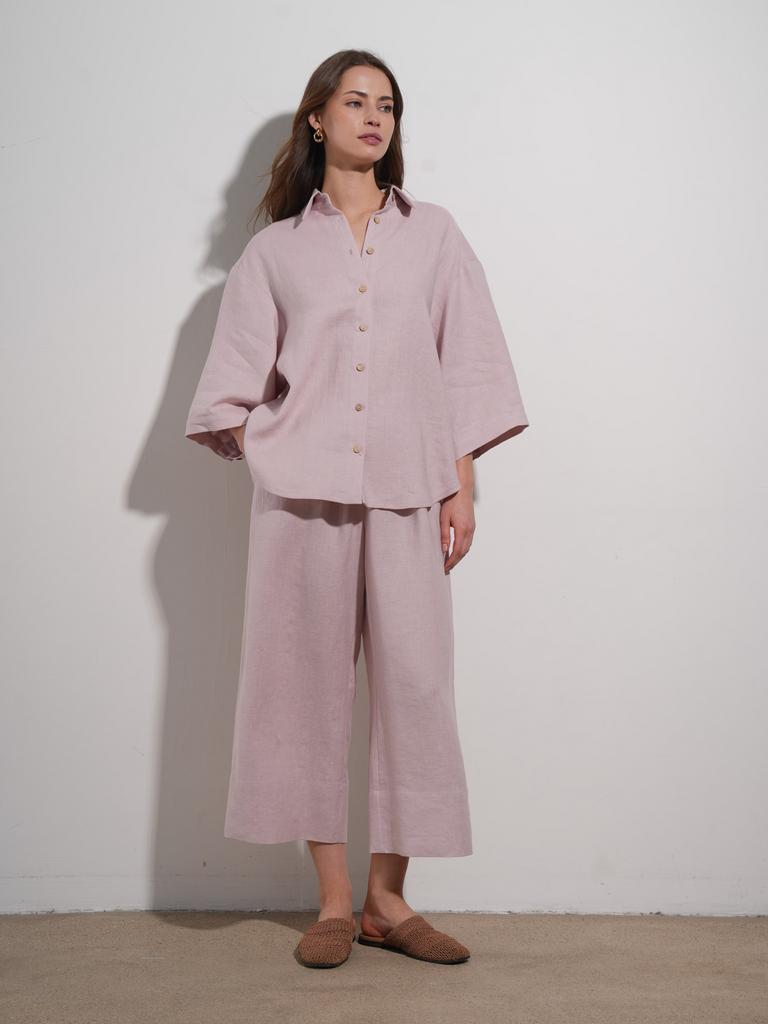 Укороченные брюки кюлоты льняные пудрово-розового цвета
