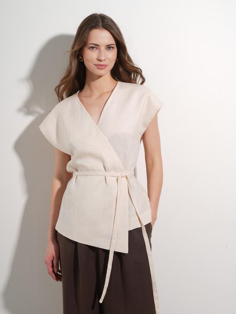 льняной жилет с запа́хом, женский без рукавов с поясом, кремового цвета