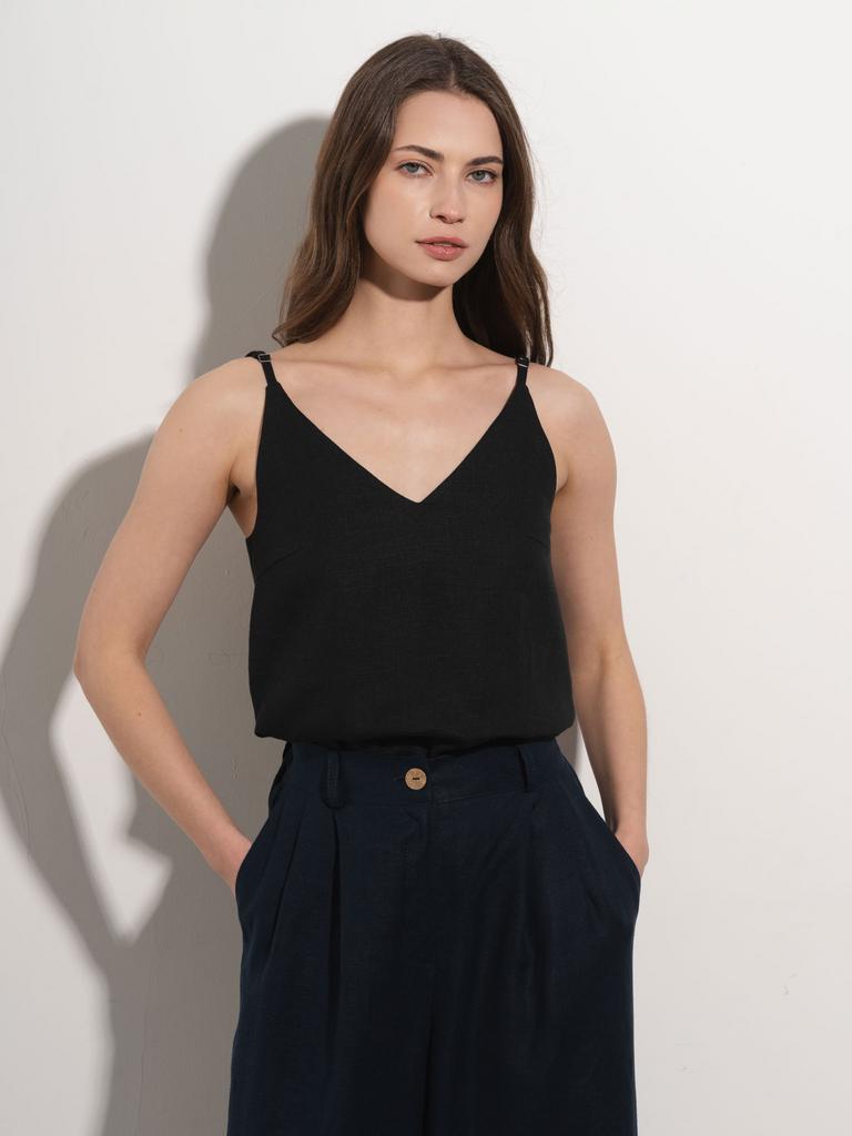 чёрный льняной топ на бретелях женский, базовый топ из льна
