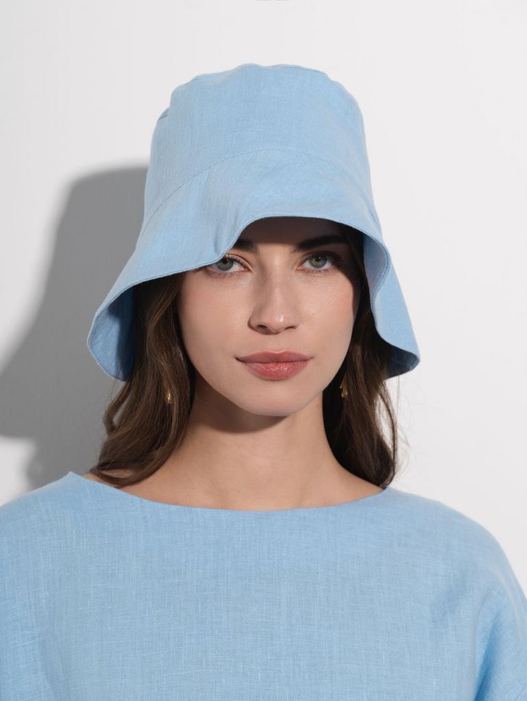 голубая льняная панама женская купить летняя панама из льна