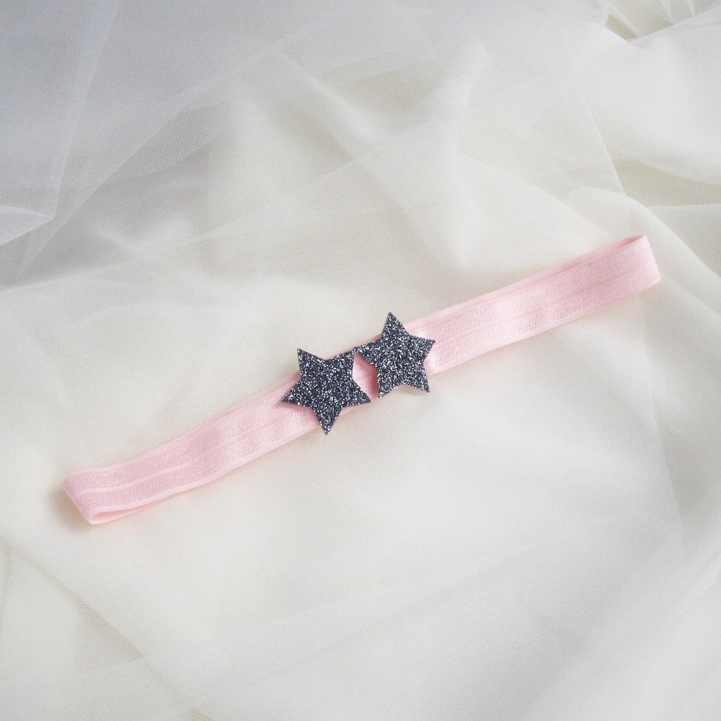 Повязка на голову "Две звезды" тёмное серебро на розовой резиночке