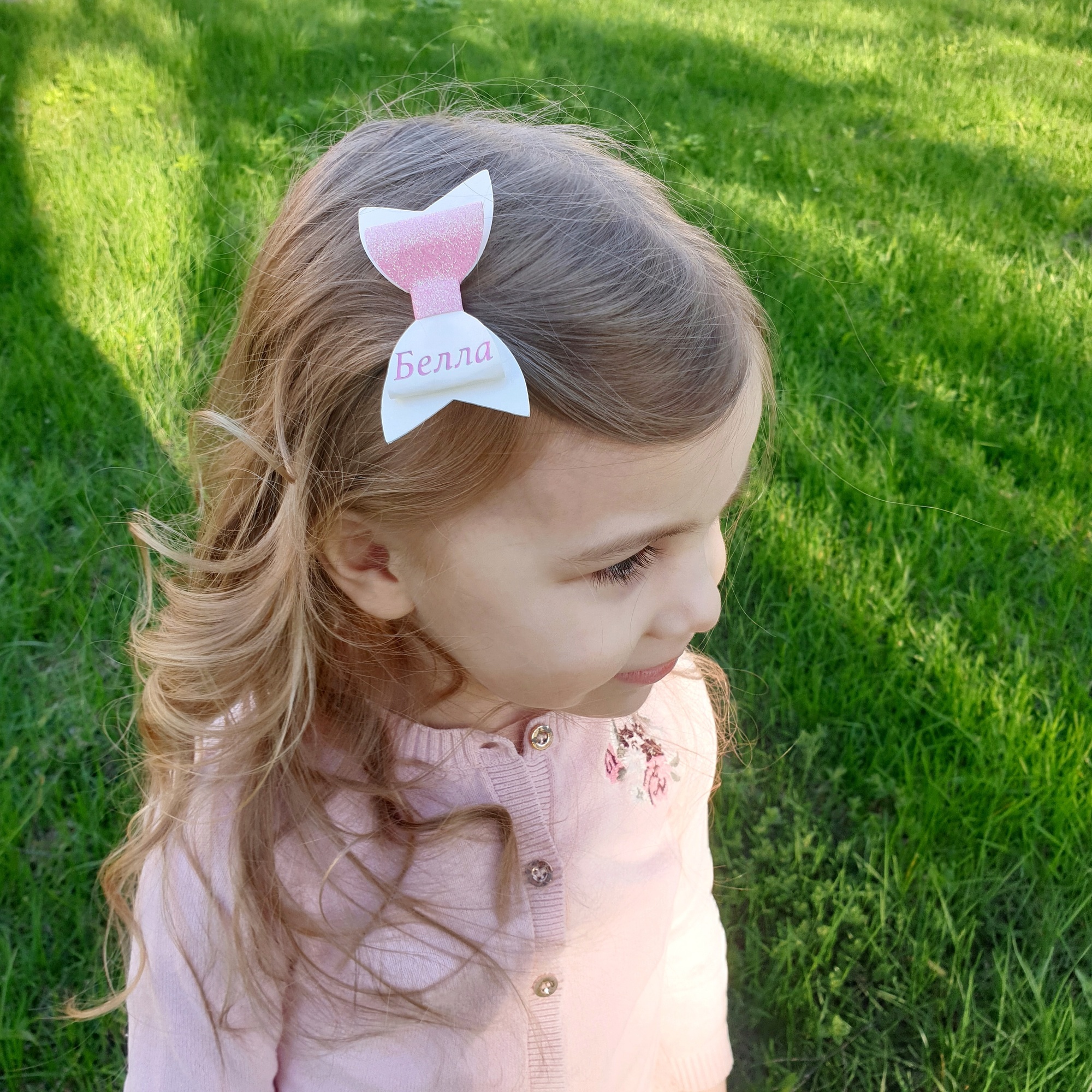 Заколка-зажим "Именной бант" бело-розовый