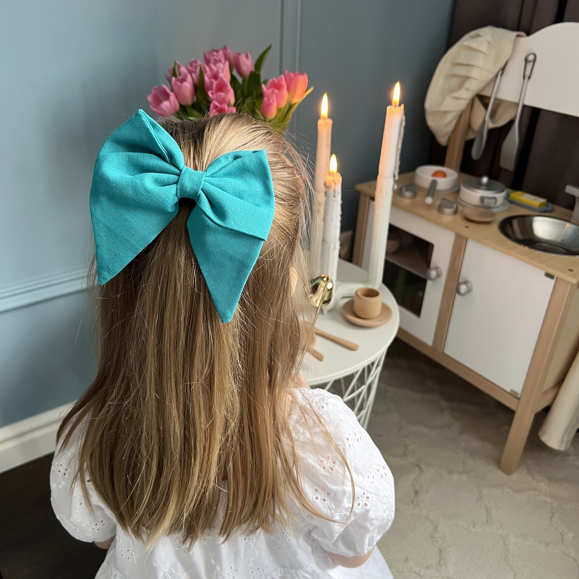 Заколка-зажим "Бант с хвостиками" темно-бирюзовый