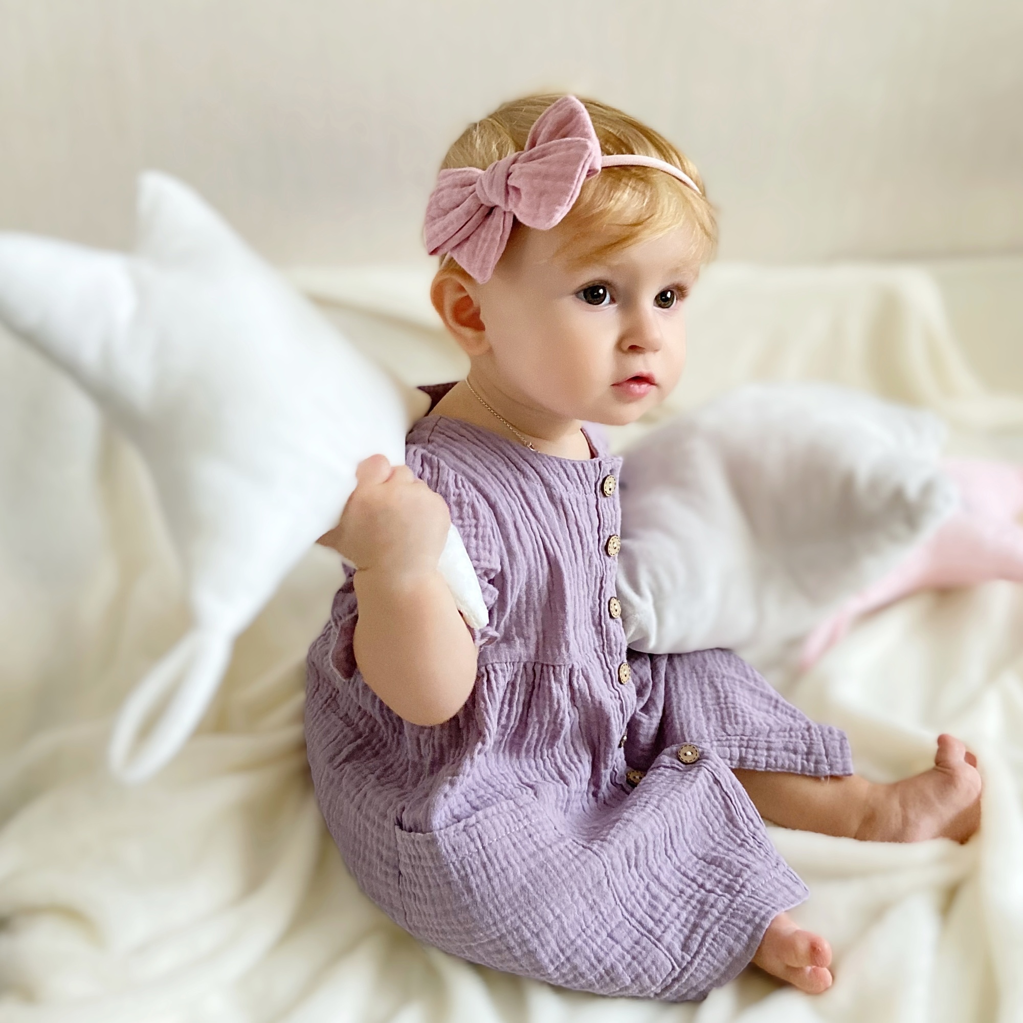 Повязка на голову "Муслиновый бант" пыльно-розовый