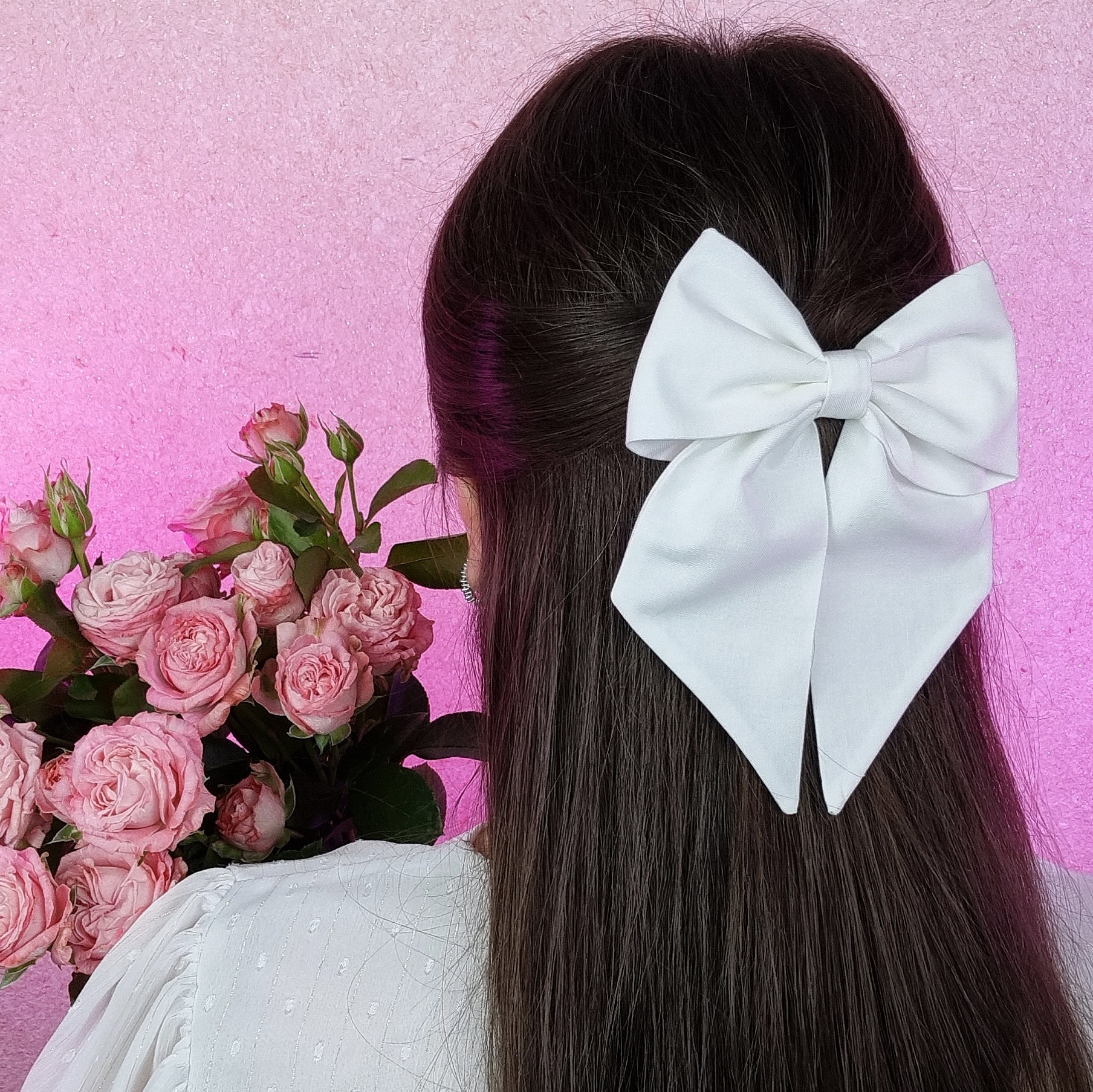 Заколка-автомат "Хлопковый бант длинный" белый