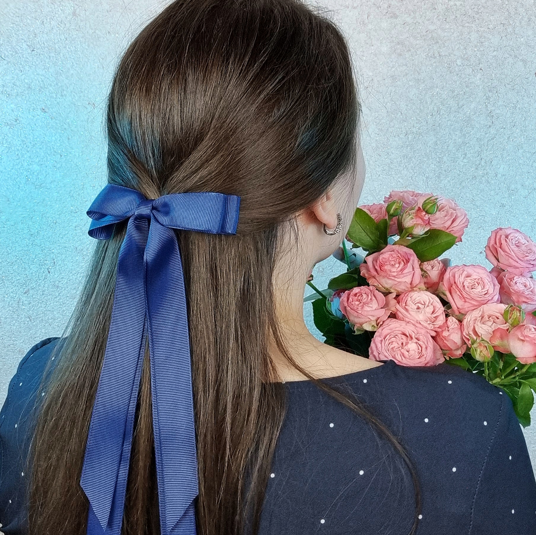 Заколка-зажим "Длинный репсовый бант" темно-синий