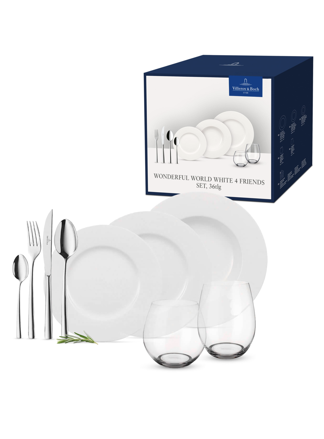 Набор посуды: фарфор, стекло, столовые приборы (36 предметов) Wonderful World White by Villeroy&Boch