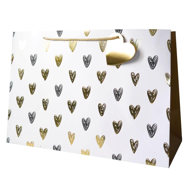Пакет подарочный L горизонтальный "Сердца. Золотой стиль", Тиснение фольгой, 39*27*17 см (Д*В*Ш)