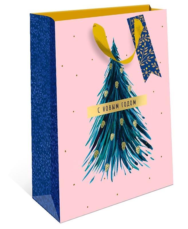 Пакет подарочный  вертикальный, "С Новым Годом, Елка на розовом", 18*22,3*10 см (Д*В*Ш)