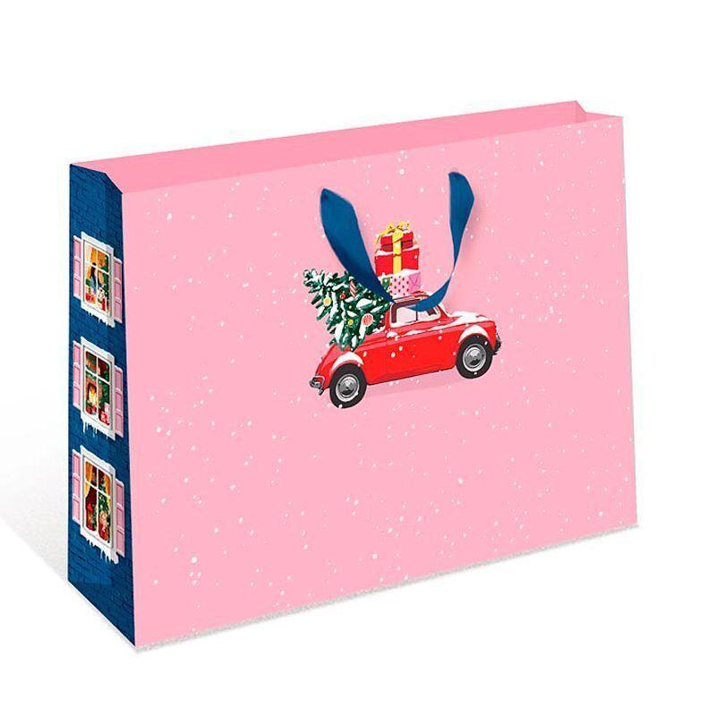 Пакет подарочный  горизонтальный, Новогодняя машинка, Розовый, 23*18*10 см (Д*В*Ш)