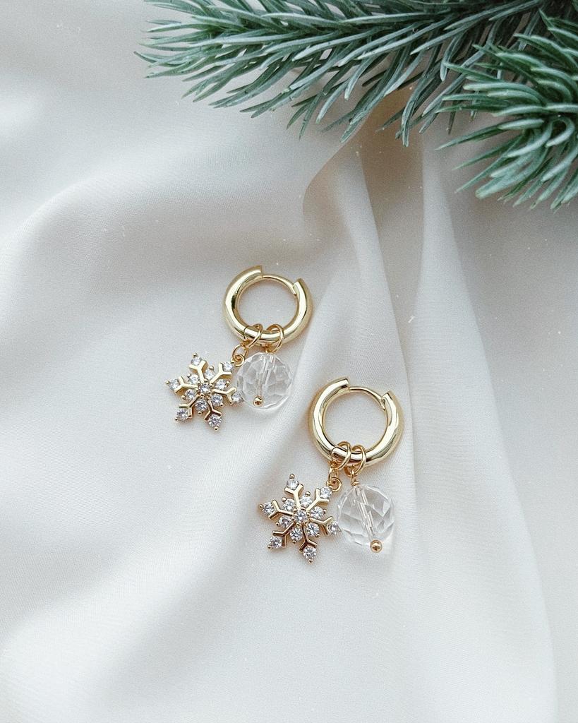 Серьги - кольца с горным хрусталем и снежинками (позолота)