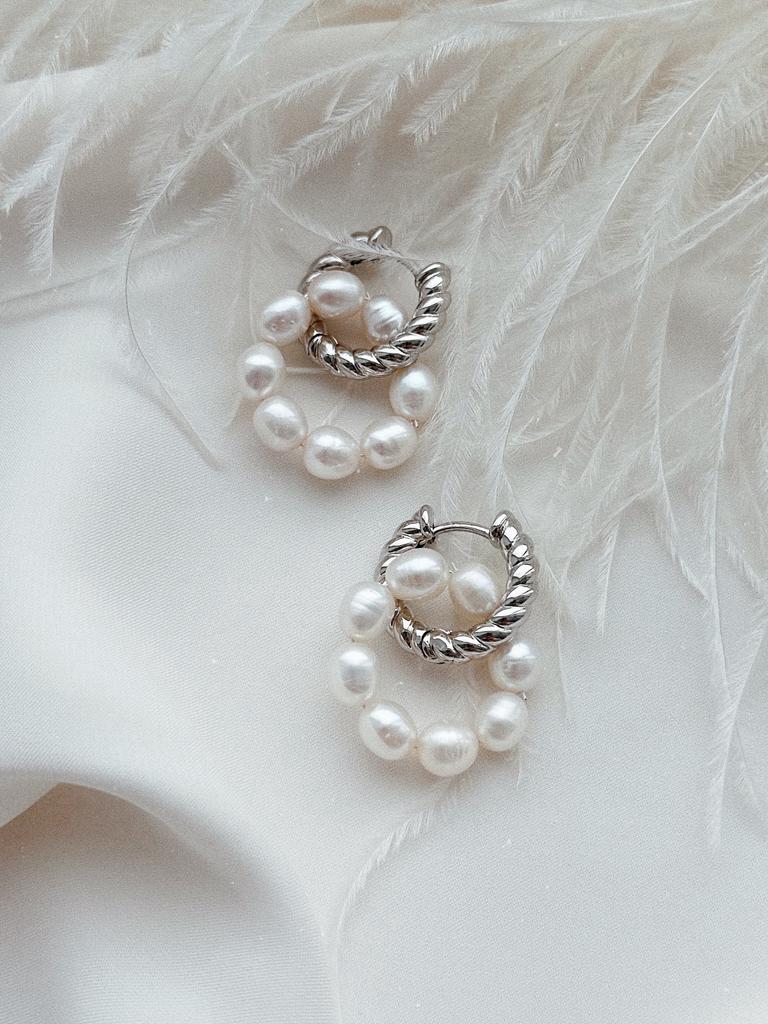 Серьги - кольца с жемчугом (родий)