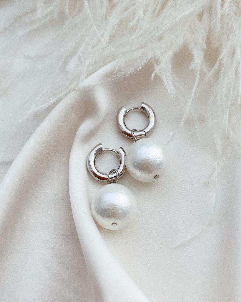 Серьги - шарики с хлопковым жемчугом (родий)