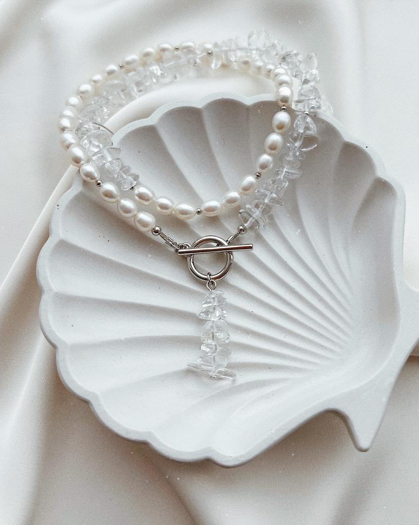 Колье из жемчуга и горного хруcталя (родий)
