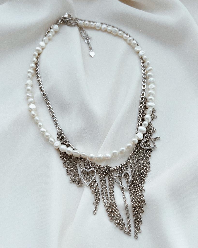 Комплект: жемчужный чокер и цепочка (родий)