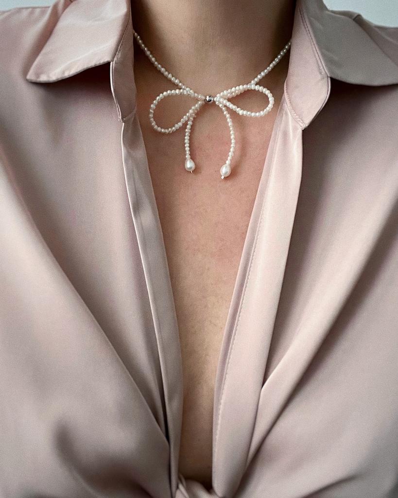 Жемчужный чокер с бантиком (родий)