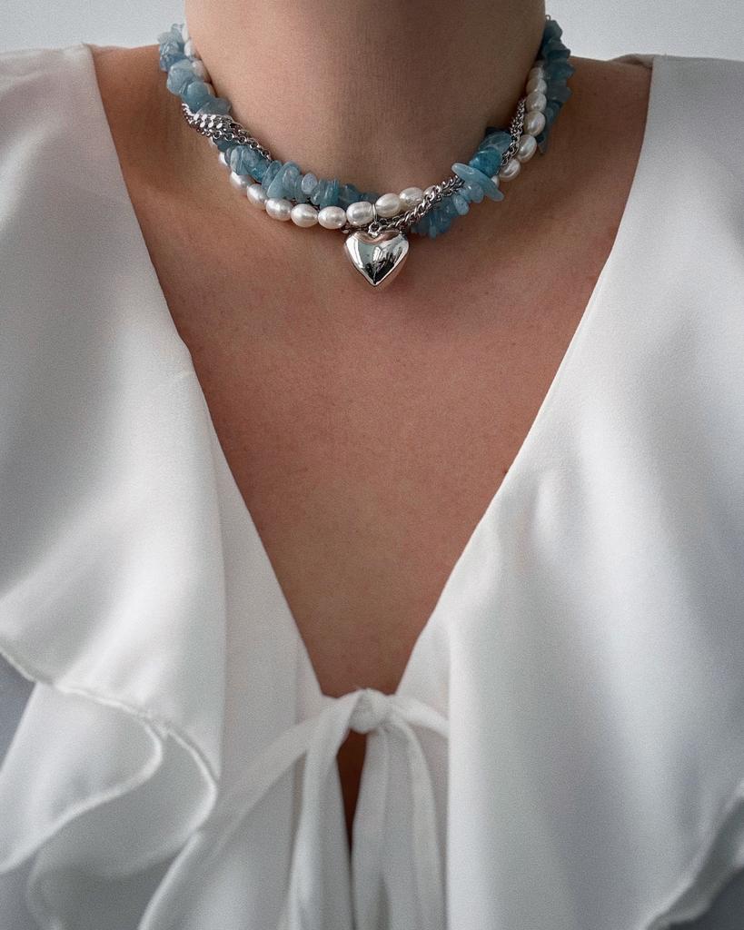 Чокер из жемчуга и аквамарина (родий)