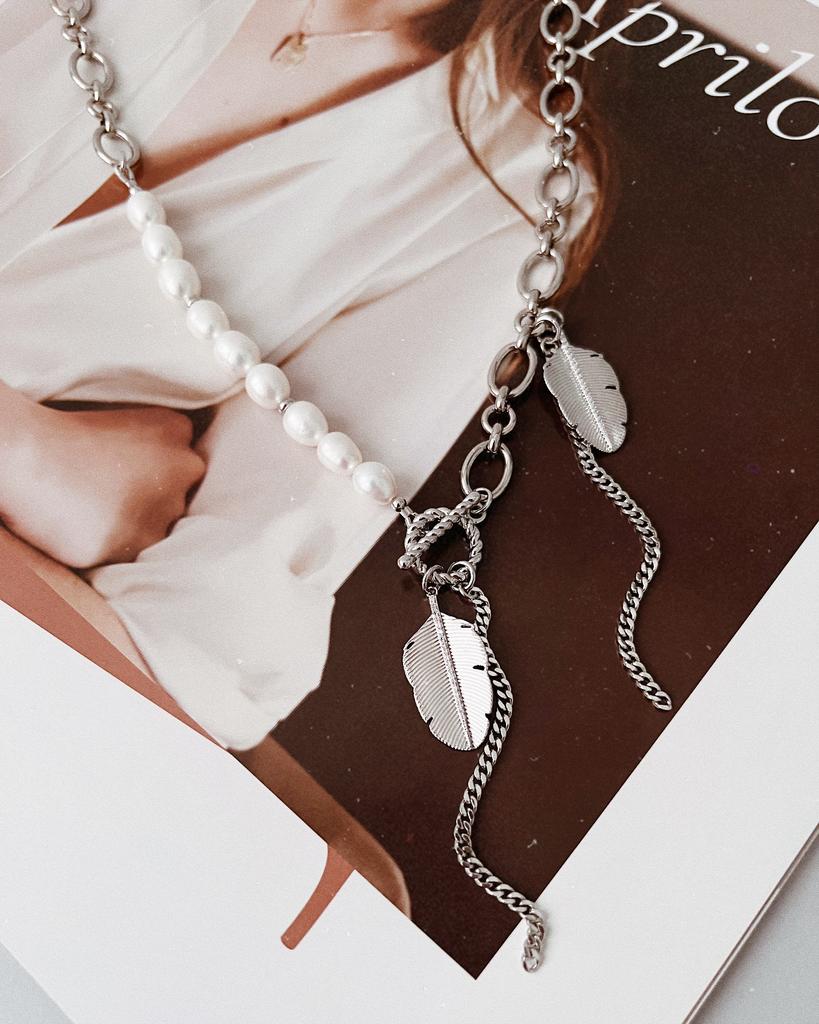 Комбинированное колье с  жемчугом и подвесками (родий)