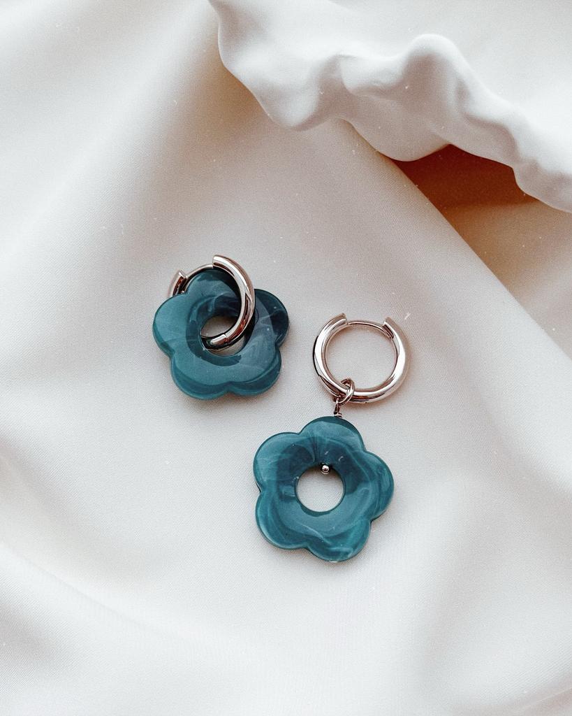 Асимметричные серьги с цветами (бирюзовый, родий)