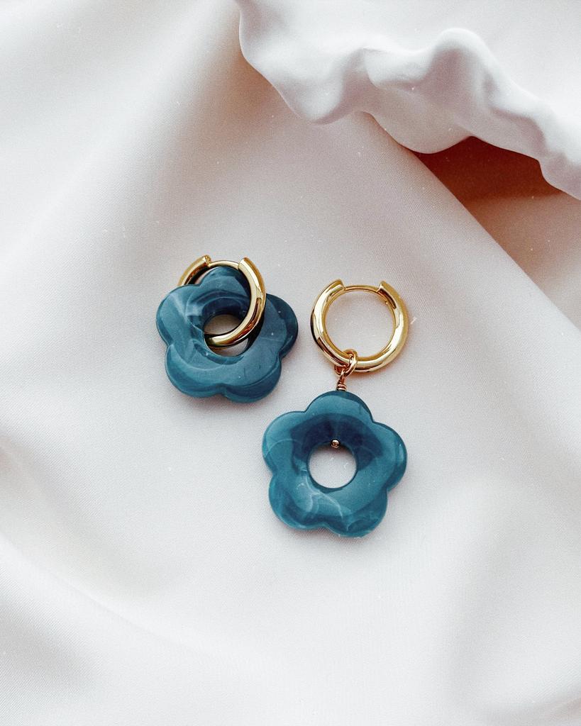 Асимметричные серьги с цветами (бирюзовый, позолота)