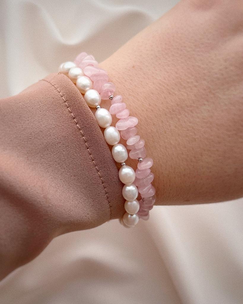 Комплект браслетов из жемчуга и розового кварца (родий)