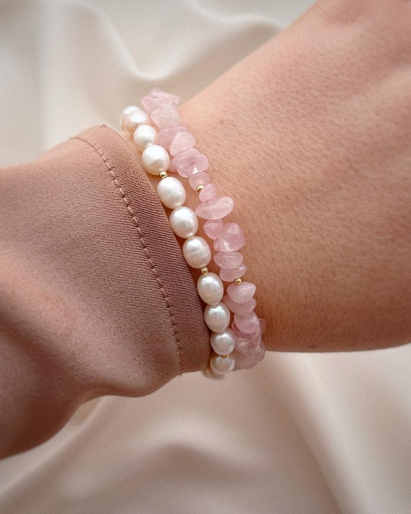 Комплект браслетов из жемчуга и розового кварца (позолота)