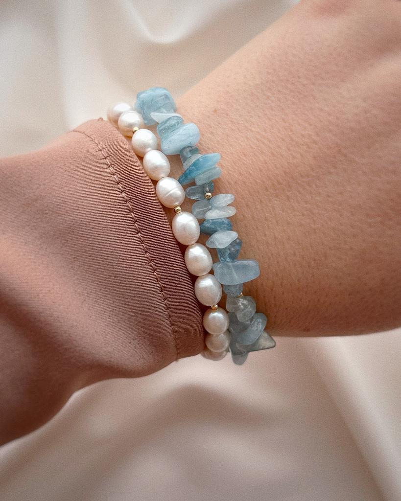 Комплект браслетов из жемчуга и аквамарина (позолота)