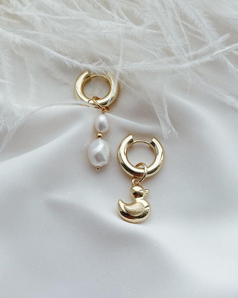 Серьги с уточкой и жемчугом (позолота)