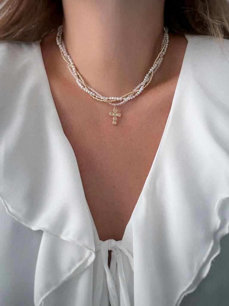 Плетеный чокер из жемчуга и горного хрусталя (позолота)