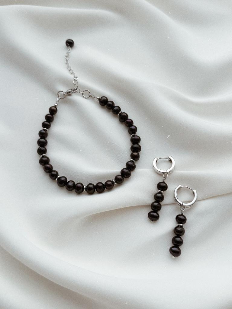 Комплект из черного жемчуга (родий)