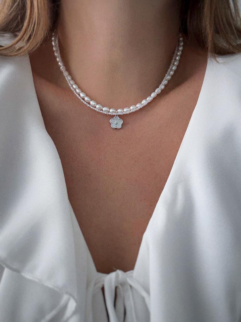 Комплект с жемчугом и фианитами (прозрачный, родий)