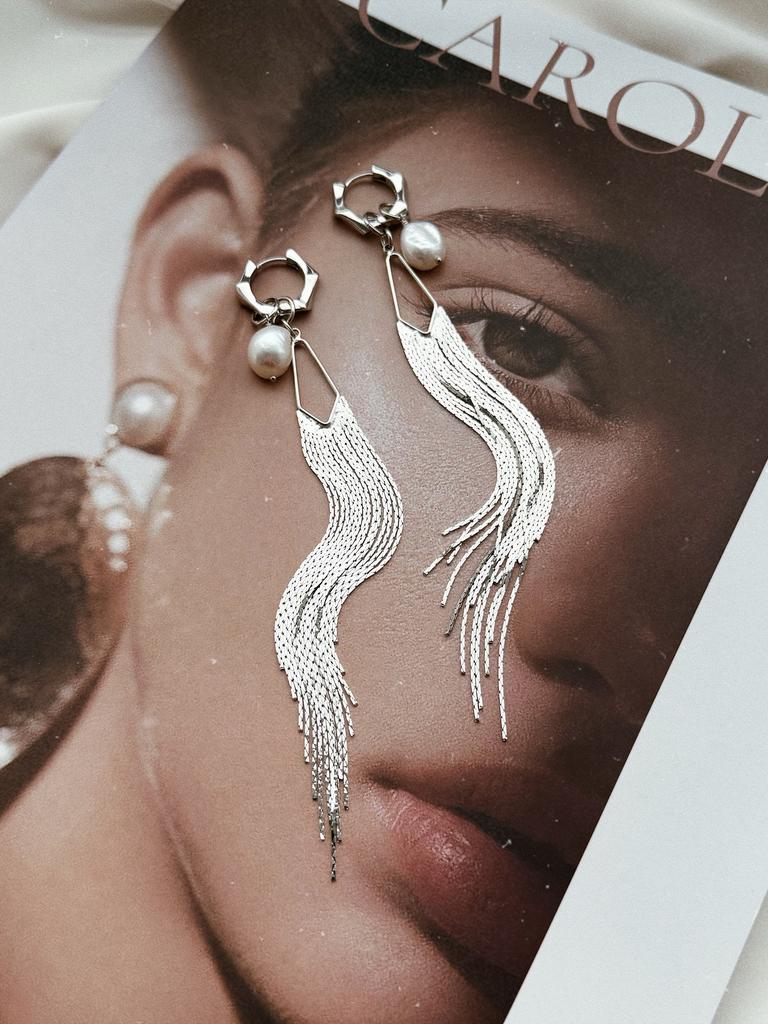 Длинные серьги - кольца с жемчугом (родий)