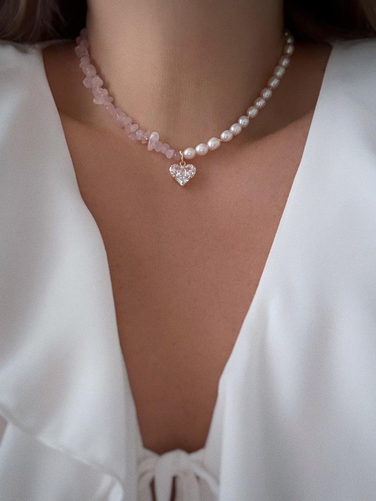 Чокер из жемчуга и розового кварца (позолота)