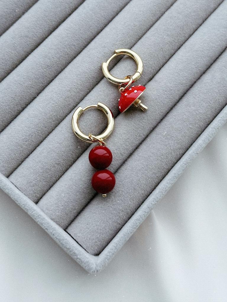 Серьги с жемчугом Майорка и мухомором (позолота)